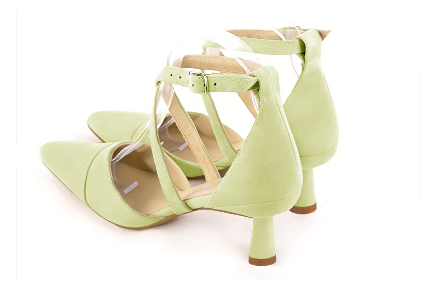 Meadow green women's open side shoes, with crossed straps. Tapered toe. Medium spool heels. Rear view - Florence KOOIJMAN